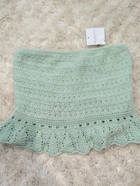 American Eagle Mint Green Crochet Mini Tube Top with Ruffle Hem